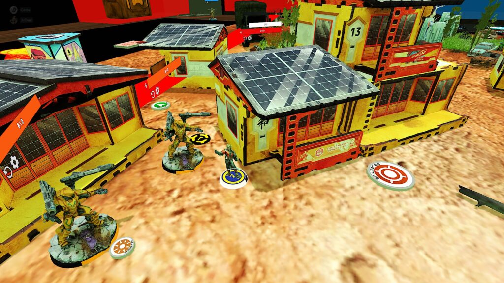 TTS screenshot: desert mat, Infinity terrain, and some models, including the reporter HVT. 