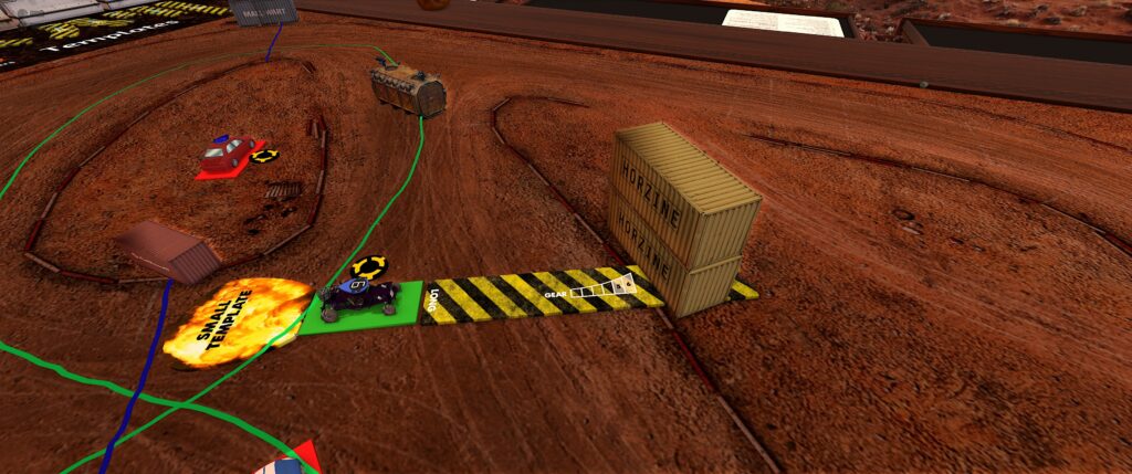 Gaslands Refueled TTS module screenshot: a buggy is about to ram a stack of shipping containers at full speed