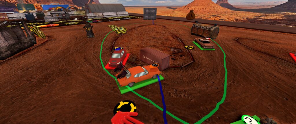 Gaslands Refueled TTS module screenshot: orange car rams a container, red car rams the orange car. 