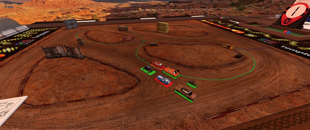 Gaslands Refueled TTS module screenshot: six vehicles are arrayed at the starting line. 