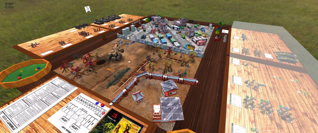 Stargrunt II TTS screenshot: a Stargrunt II table separated into urban and wooded parts. 