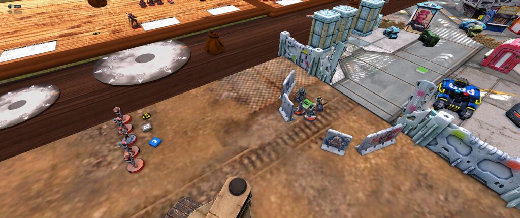Stargrunt II TTS screenshot: some cops face off against a unit of actual troops. Significant chit involvement. 