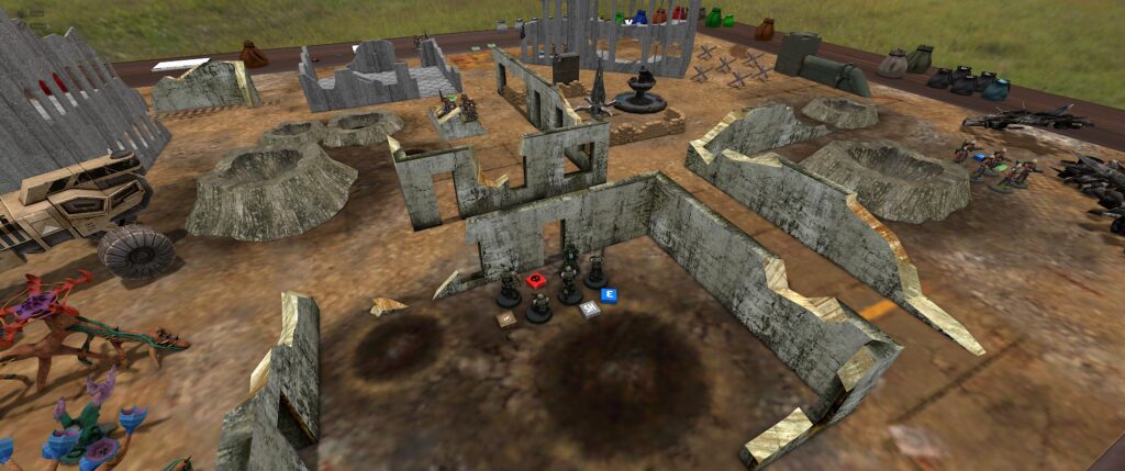 Stargrunt II TTS screenshot: a unit with some wounded and dead troopers cowers in ruins.
