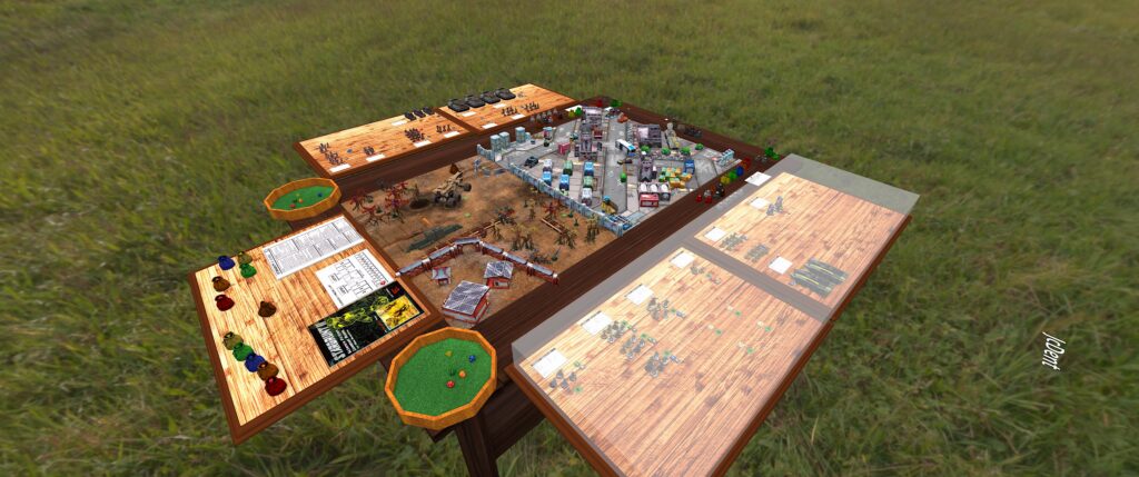 Stargrunt II TTS screenshot: the playtest scenario table in all its glory, including my troops dispositions that had been hidden from Cassa. 