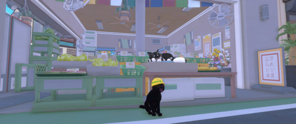 Little Kitty, Big City screenshot: Kitty in a hardhat is meowing while sitting in front of a store. On the store front, a cat sleeps on some fruits.