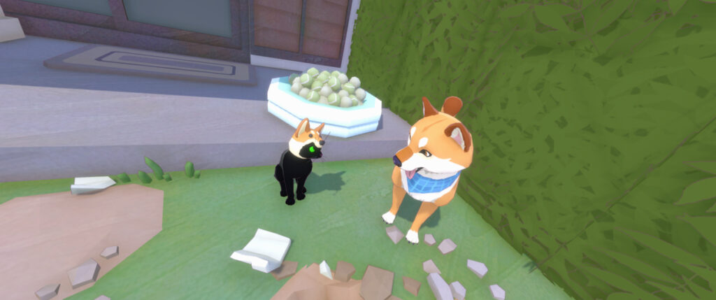 Little Kitty, Big City screenshot: Kitty in a shiba inu hat is looking at a shiba inu without any hat that's looking back at him.