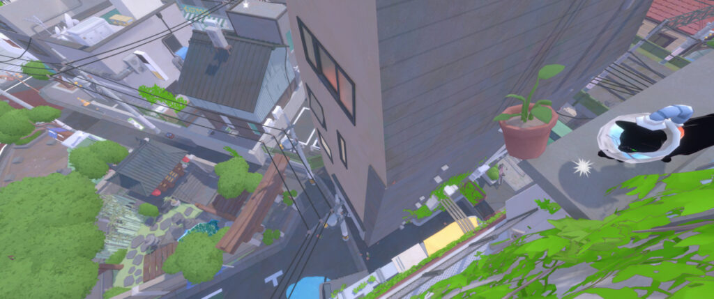 Little Kitty, Big City screenshot: Kitty in a space man helmet is knocking down a flower pot from a really high ledge. The shot is at an angle that accentuates the height of the position.