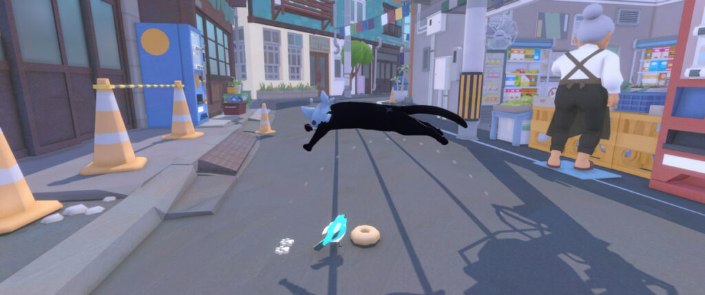 Little Kitty, Big City screenshot: Kitty in a shark hat (trans rights) is leaping over a small blue bird standing next to a doughnut. Two white pawmarks can be seen on the ground - this is the jump destination marker. 