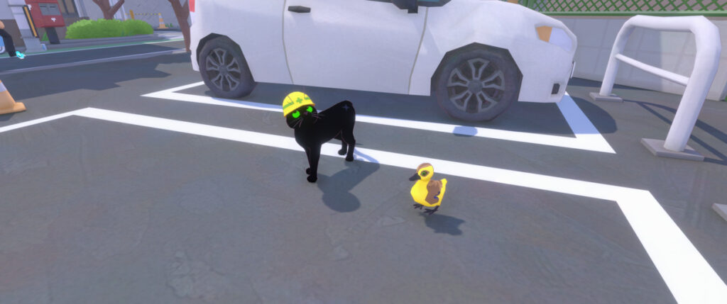 Little Kitty, Big City screenshot: Kitty in a hardhat is making a face while standing next to a duckling in a parking lot.