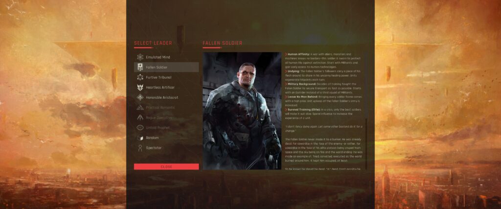 Zephon Demo Screenshot: The Fallen Soldier faction selection.