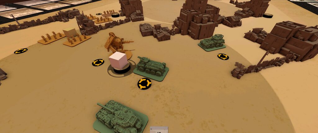 Full Spectrum Dominance module on TTS screenshot: a mecha and an APC are contesting an objective. 