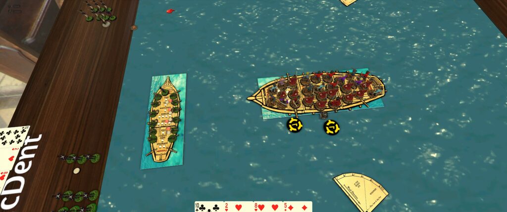 TTS screenshot of playing Blood & Thunder: by boat may look like it's ramming Cassa's boat, but I'm actually getting my T crossed. 