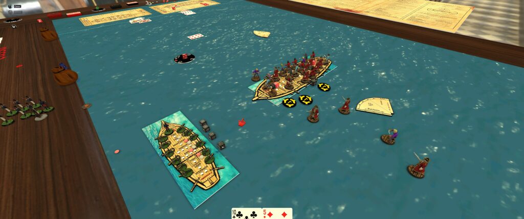 TTS screenshot of playing Blood & Thunder: infantry next to my boat indicates how much I'm losing whenever Cassa fires at me while crossing the T. 