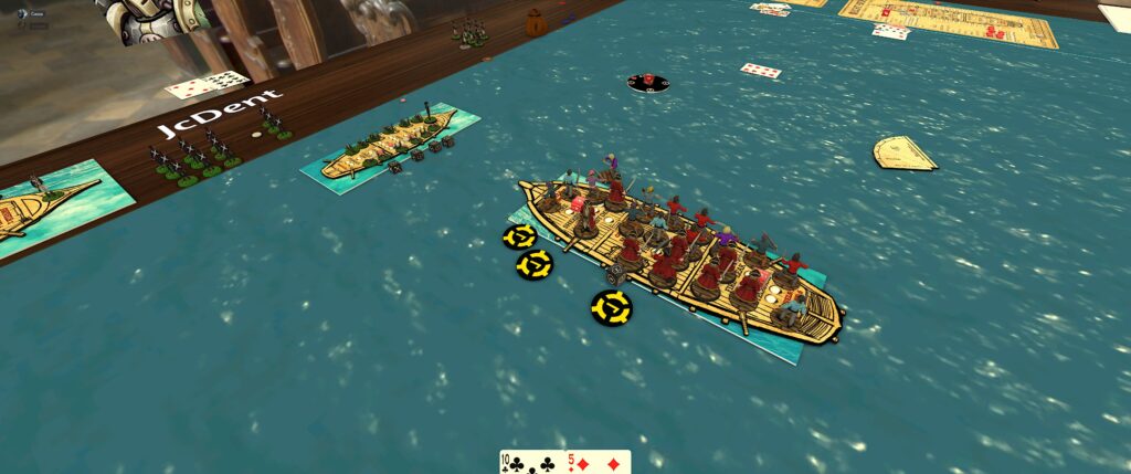 TTS screenshot of playing Blood & Thunder: infantry models crowd boat templates used instead of actual boat models. 