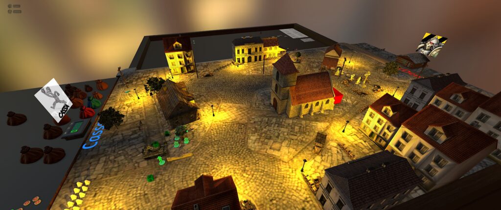 Combat Storm TTS screenshot: a dimly lit European downtown is seeing a green invasion.