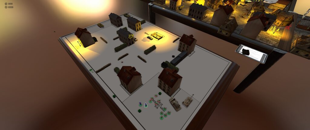 Combat Storm TTS screenshot: game table with buildings on a blown-up black-and-white map from the game PDF