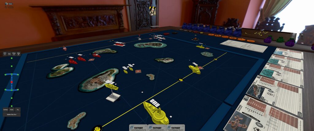 Dystopian Wars TTS module screenshot: red cruisers maneuver around an island to get the yellow fleet. 