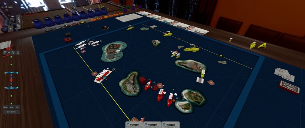 Dystopian Wars TTS module screenshot: red cruisers skirt an island to target the yellow line. 