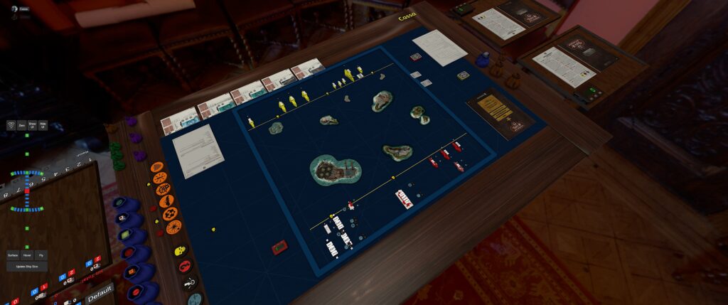 Dystopian Wars TTS module screenshot: a map with forces deployed across of each other at the start of a skirmish. 