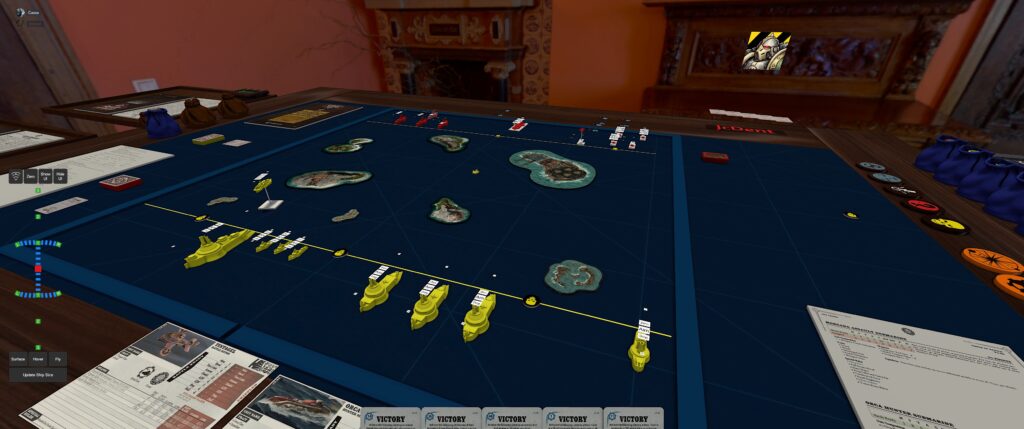 Dystopian Wars TTS module screenshot: a yellow battlefleet of one cruiser, three carriers, three destroyers, one battleship flagship and a forward-deployed airship.