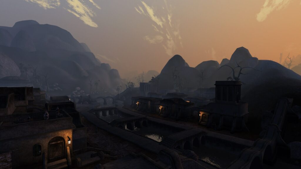 Morrowind screenshot, Sharp mod: Balmora at night, lit only by torches. In the distance, the first rays of the morning light up the mountains. 