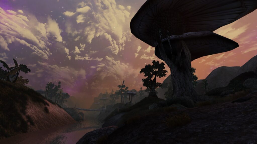 Morrowind screenshot, Sharp mod: Sun rises over a river crossed by a rope bridge. Giant mushrooms loom. 