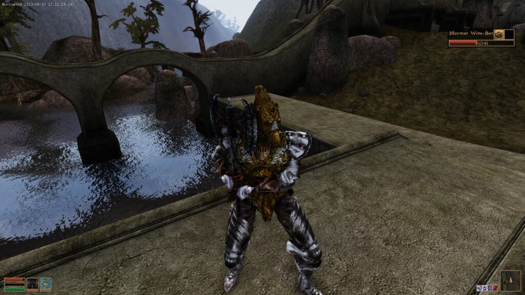 Morrowind screenshot, Sharp mod: A character stands on a small bridge over a small river. He's wearing a garish mishmash of steel and yellow armor. 