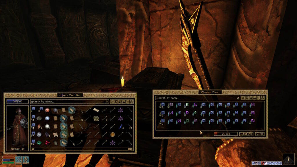 Morrowind screenshot, Sharp mod: Some torch-lit dungeon and two awful inventory windows.