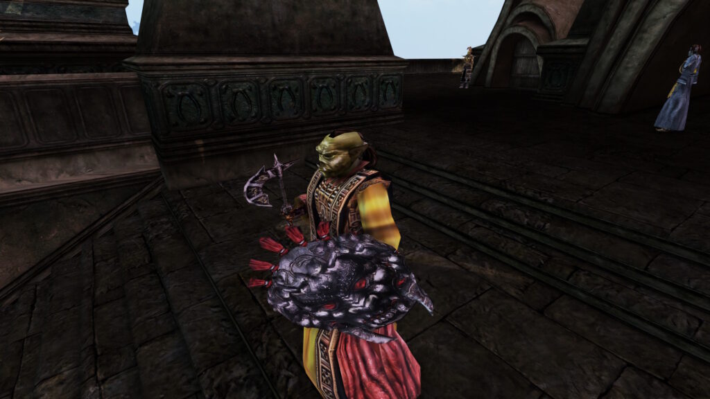 Morrowind screenshot, Sharp mod: An orc in a long yellow-and-red coat. He wields an ebony axe and a daedric shield.