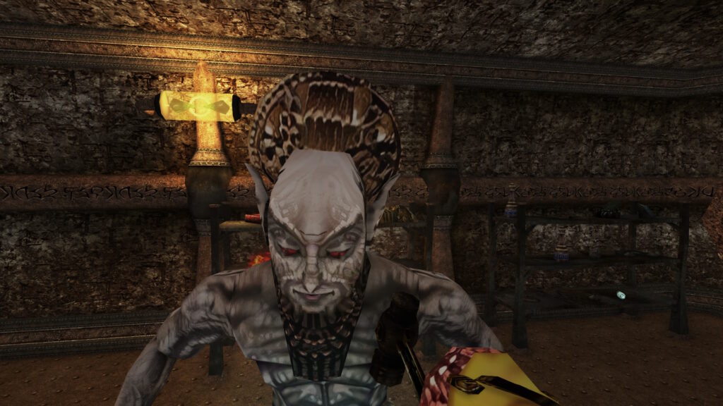 Morrowind screenshot, Sharp mod: Hitting  a weird Sumerian elf with a tiny hammer.