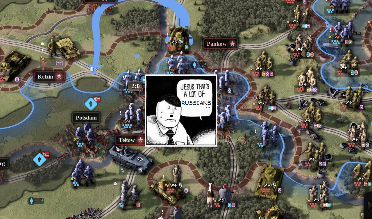 Unity of Command II Berlin DLC screenshot with the Fortune Teller comic panel pasted in