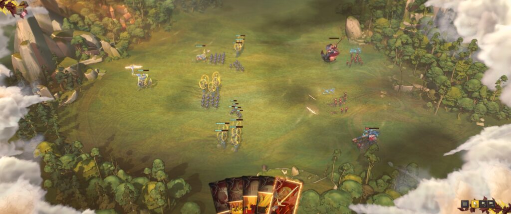 Songs of SIlence screenshot:  Battle. The red army has their backs turned to me and the stun marker above their heads.