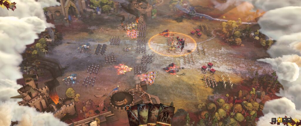 Songs of Silence screenshot: two large armies clash. To the far left, there are two catapults. 