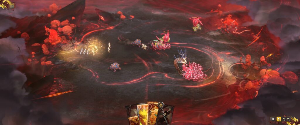 Songs of Silence screenshot: red battle scene. My forces include two giant armadillos and a single giant worm. 