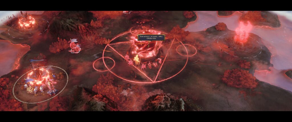 Songs of Silence screenshot: A red ball on the map is saying EVEN WITHOUT MY AURAS, I WILL CRUSH YOU