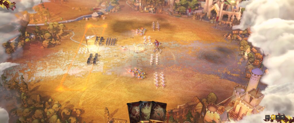 Songs of Silence screenshot: My forces - blue, on the left, containing some infantry, archers, and cavalry, are attacking two units of Luminarks and a Wordbringer. 