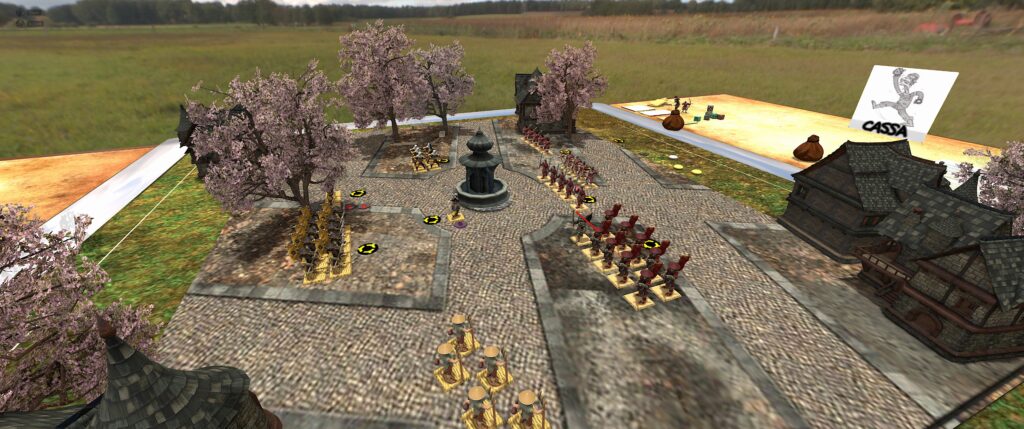 TTS screenshot, Kensei table: The yellow Sohei on the left and red Buke on the right march to combat. 