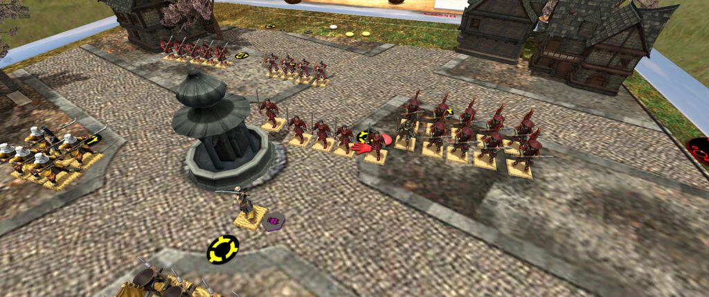 TTS screenshot, Kensei table: the red forces of the Buke are menacing a single yellow Sohei hero