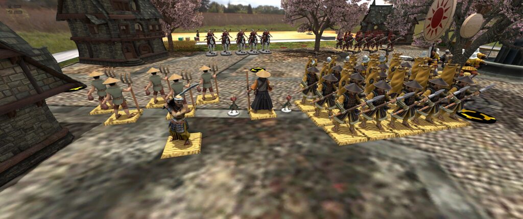 TTS screenshot, Kensei table: Forces of Sohei joined by a wizard with his two rooster-like familiars. 