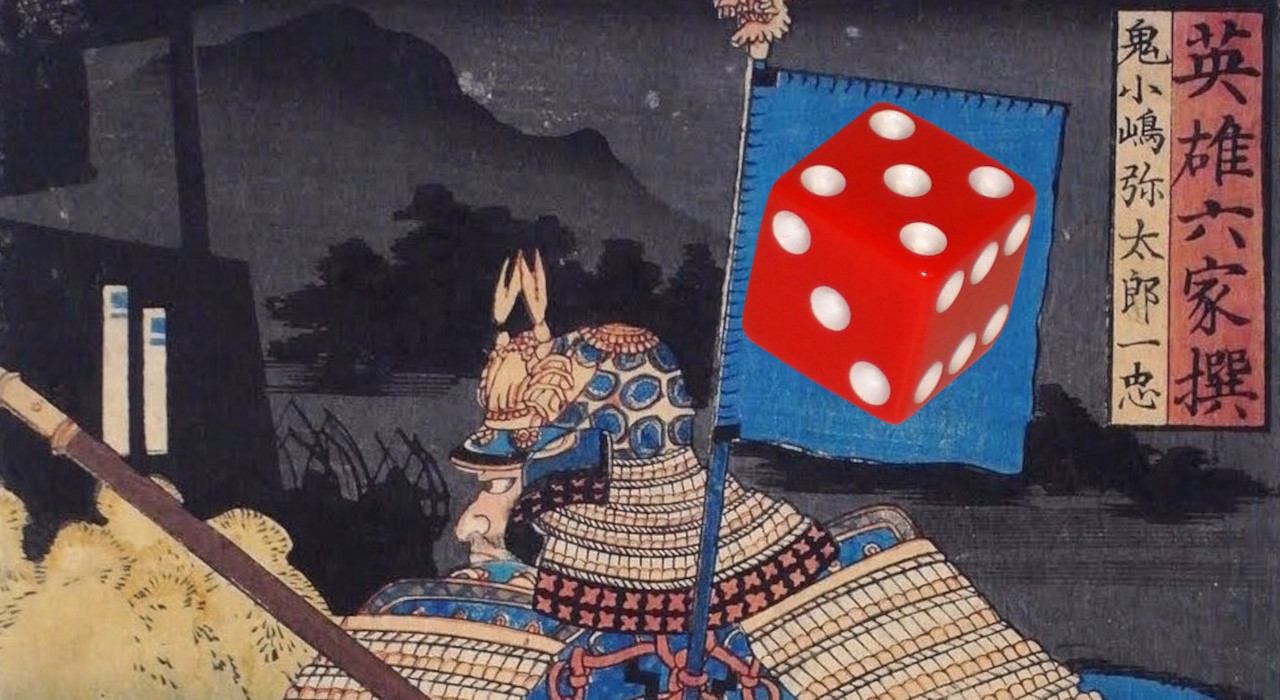 Kensei: an old painting of a samurai with a D6 shopped onto his back banner