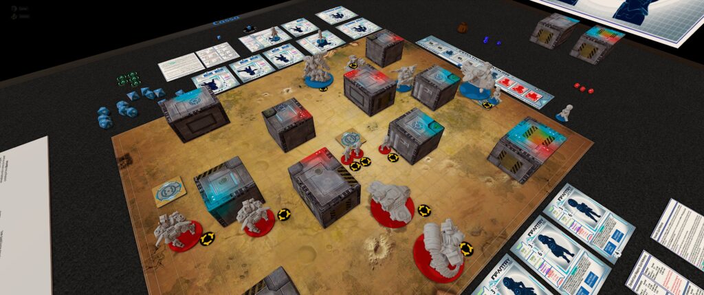 TTS screenshot of the ignition:core module:

The board at the start of the game, with miniatures moving out of starting ares and into the middle of the board