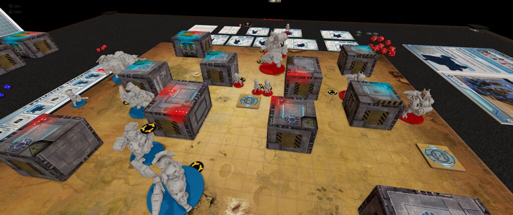 TTS screenshot of the ignition:core module: a a table with some square boxes and grey chibi miniatures with either red or blue bases. 