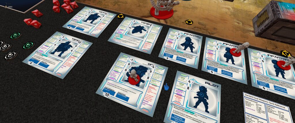 TTS screenshot of the ignition:core module: unit cards with some tokens. 