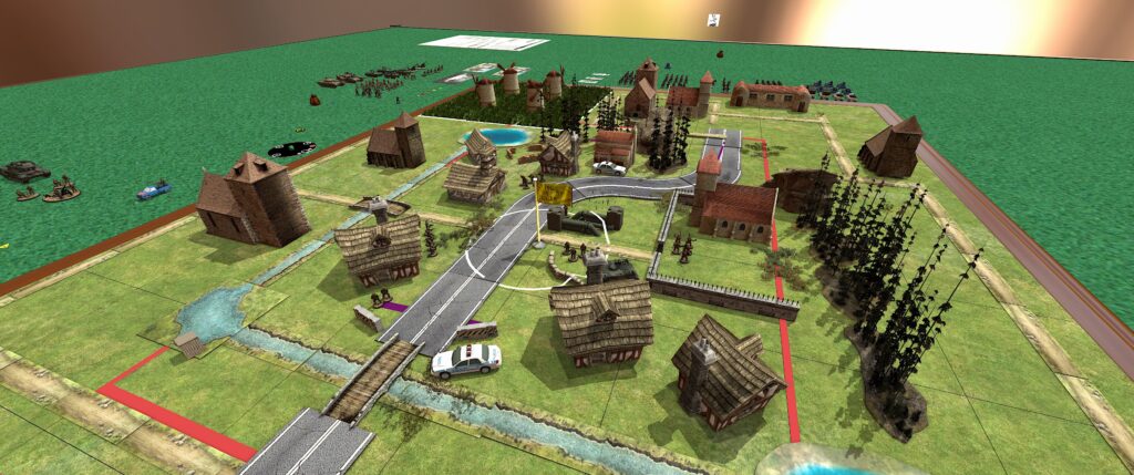 TTS screenshot: a village map with a terrible yellow flag in the middle. 