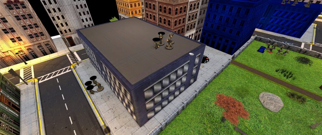 TTS screenshot: ugly office block with some minis at the ground floor and some on the roof. Both units have several minis upturned. 