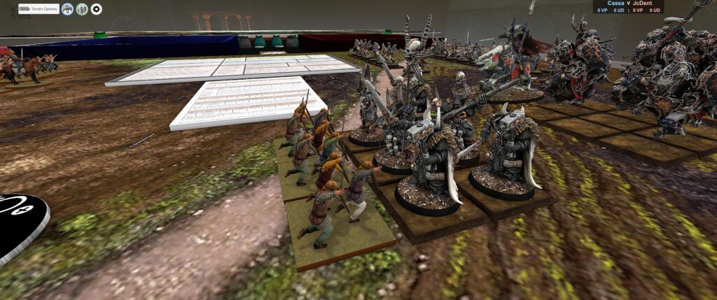 TTS screenshot: some chaos warriors clash with some wildly out of scale Saxons. 