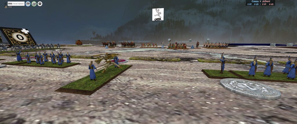 TTS screenshot: elven bolt thrower looks over some presumably smelly barbarians.