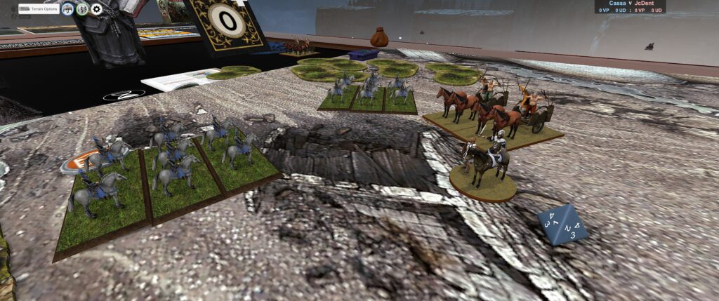 TTS screenshot: some Saxon chariots face off against Elyrian Reavers. 