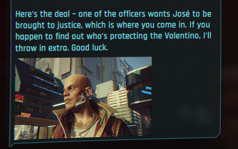 Cyberpunk 2077 screenshot: a gig description mentioning that we're working for a cop. 