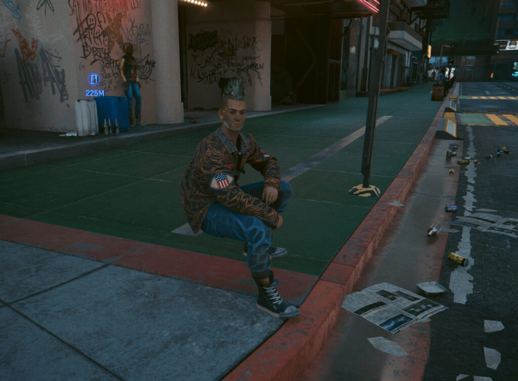 Cyberpunk 2077 screenshot: a punky pedestrian sits midair. 